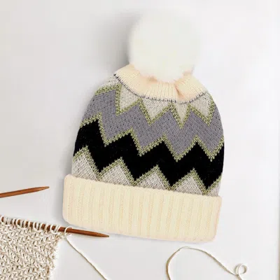 Fashnzfab Zigzag Chevron Patterned Fuzzy Fleece Pom Pom Beanie Hat In Multi