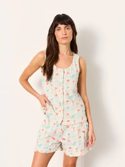 Fat Face Fatface 2 Piece Ivory Sea Creature Linen Blend Pyjama Short Set