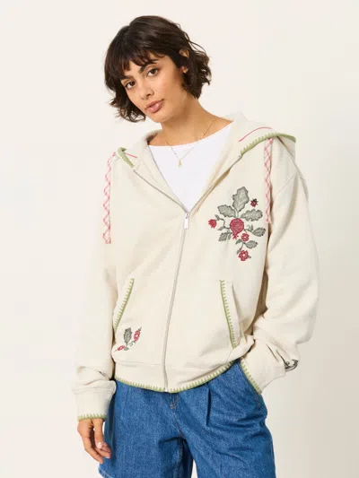 Fat Face Fatface Fern Ivory Embroidered Zip Through Hoodie