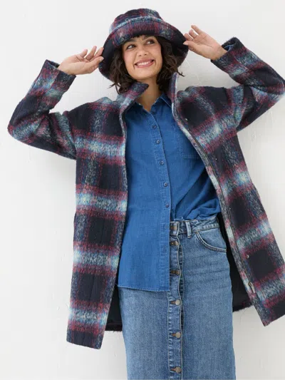 Fat Face Fatface Freya Blue Wool Blend Check Coat