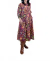 Fate 3/4 Sleeve Midi Dress In Burgundy Print In Multi