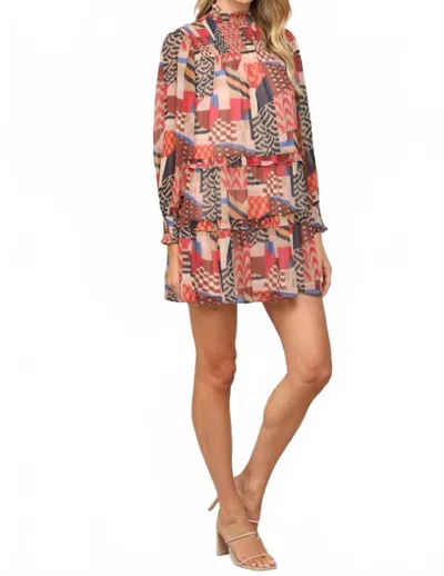 Fate Abstract Print Smocked Yoke Tiered Dress In Navy/red/brown