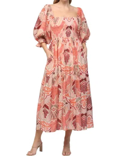 Fate Abstract Smocked Tiered Midi Dress In Pink Multi