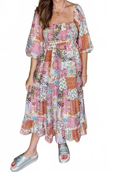 Fate Afterglow Patchwork Midi Dress In Multi In Pink