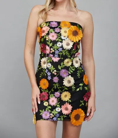 Fate All Over Flower Appliqué Strapless Dress In Black Multi