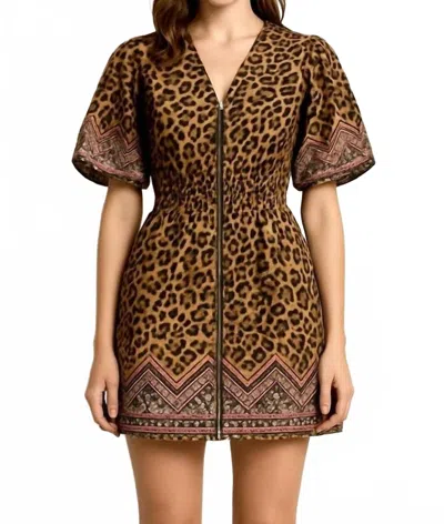 Fate Animal Motif Border Print Cinched Waist Mini Dress In Brown Multi In Animal Print