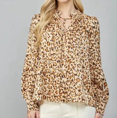 Fate Animal Print Ruffled Tie Neck Blouse In Taupe In Gray