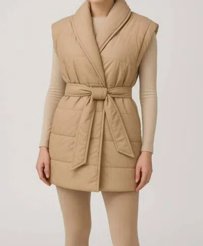 Fate Annie Puffer Wrap Vest With Tie In Tan In Yellow