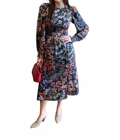 Fate Balloon Sleeve Wtih Self Belt Midi Dress In Peacock Multi