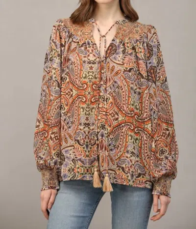 Fate Bohemian Paisley Print Lurex Chiffon Smocked Yoke Blouse In Taupe Multi