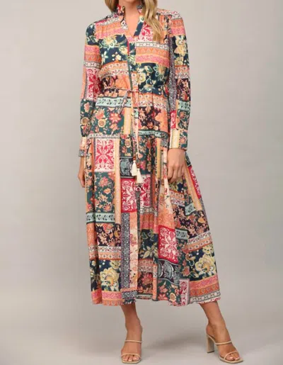 Fate Bohemian Patchwork Print Button Front Maxi Dress In Teal Multi In Green