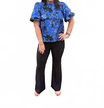 Fate Bold Floral Jacquard Fabric Short Puff Sleeve Top In Black/royal Blue