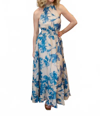 Fate Bold Floral Tie Back Halter Maxi Dress In Cream/blue