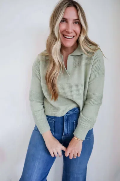Fate Brooke Textured Split Neckline Collared Sweater In Sage In Green