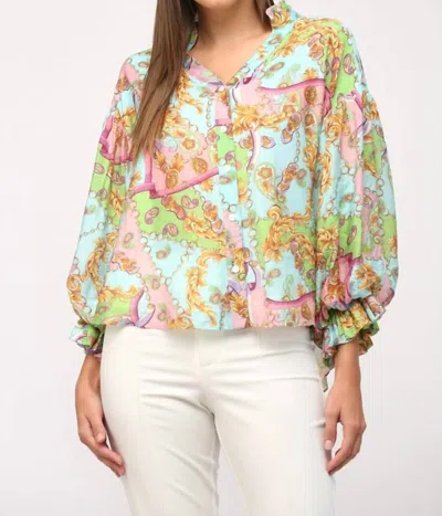 Fate Bubble Sleeve Button Down Blouse In Multi
