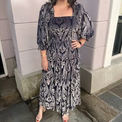 Fate Burnout Velvet Square Neck Midi Dress In Navy In Multi