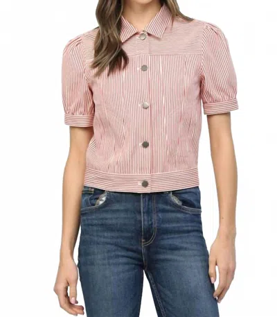 Fate Button Up Denim Puff Sleeve Shirt In Red In Pink