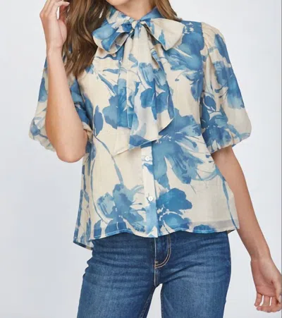 Fate By Lfd Removable Neck Tie Lantern Sleeve Blouse In Cream / Blue