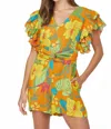 Fate By Lfd Tropical Linen Ruffle Sleeve Romper In Orange In Orange