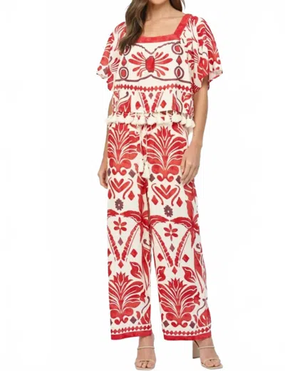 Fate By Lfd Tropical Print Drawstring Waist Wide Leg Pants In Ivory Red In Multi