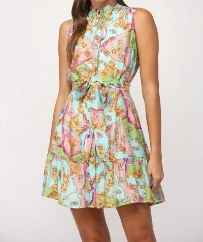 Fate Chic Destiny Chain Print Sleeveless Dress In Aqua/green/pink In Multi