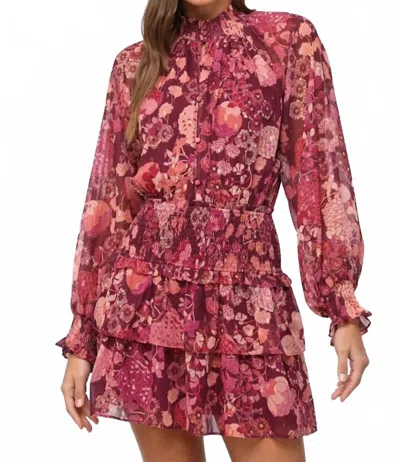 Fate Chiffon Floral Lurex Smocked Waist Dress In Wine In Pink