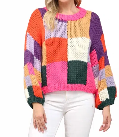 Fate Colorblock Chunky Crochet Sweater In Pink Multi