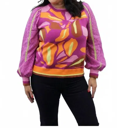 Fate Contrast Lace Sleeve Jacquard Sweater In Orchid Multi
