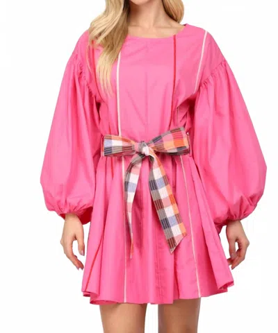 Fate Contrast Piping Detail Boatneck Fit & Flare Dress / Belt In Hot Pink