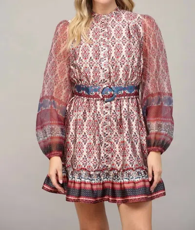 Fate Contrast Sheer Sleeve Belted Dress In Ivory Multi