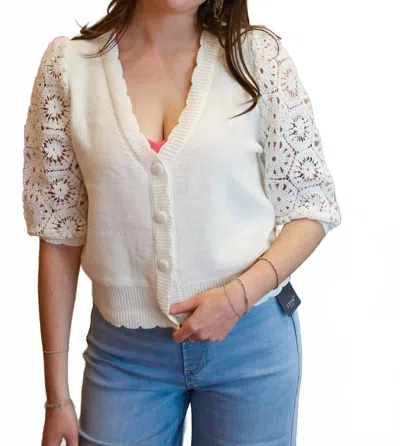Fate Crochet 3/4 Bubble Sleeve Cardigan In White In Neutral