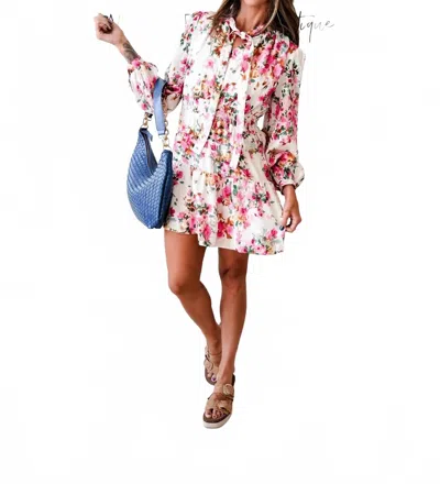 Fate Cyndi Floral Mini Dress In Cream Fuchsia In White