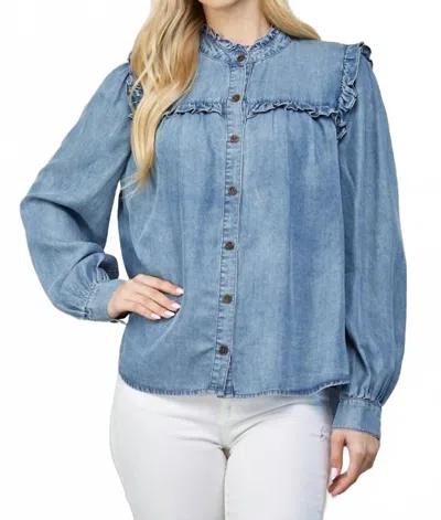 Fate Daphne Ruffle Detail Washed Tencel Shirt In Blue