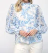 Fate Elegance In Bloom Floral Ruffle Neck Blouse In Blue/white In Blue