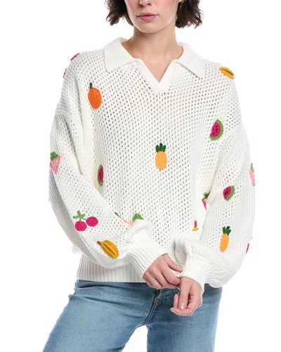 Fate Embroidered Open Knit Polo Sweater In White