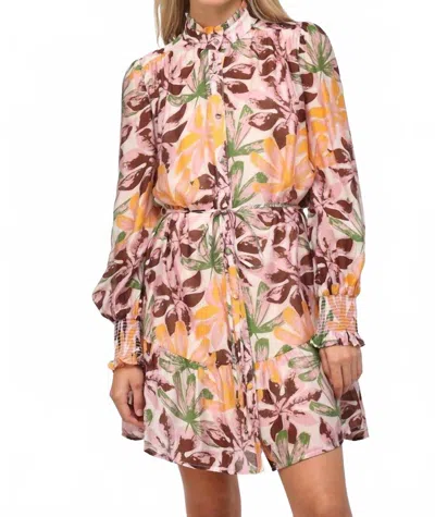 Fate Fall Flowered Long Sleeve Dress In Cream Pink Brown In Multi