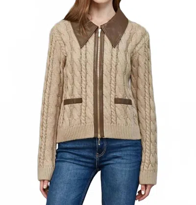 Fate Faux Leather Trim Cardigan In Taupe In Neutral