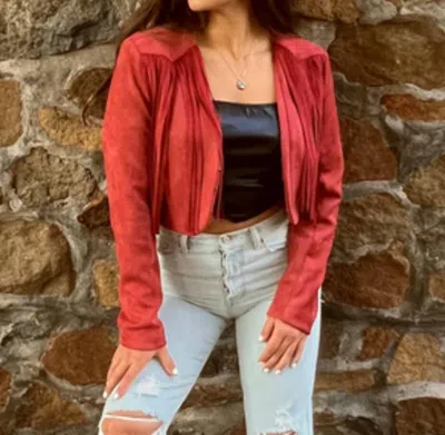 Fate Faux Suede Fringe Cropped Jacket In Brick In Red