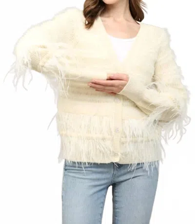 Fate Feather Trim Wool Blend Cardigan In Beige In Neutral