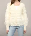 FATE FEATHER TRIM WOOL BLEND CARDIGAN IN CREAM