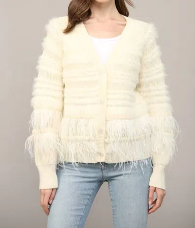 Fate Feather Trim Wool Blend Cardigan In Cream In White