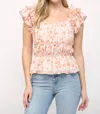 Fate Flaunt Your Floral Gathered Waist Flutter Sleeve Top In Orange/lavender In Pink
