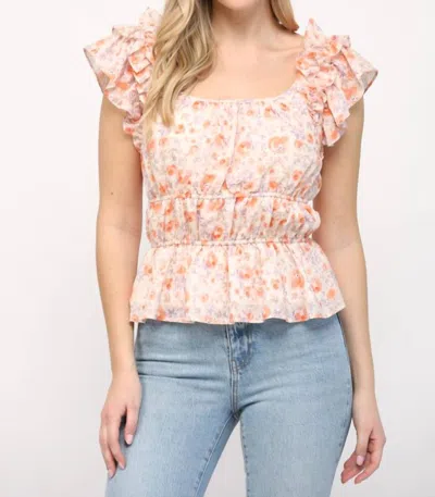 Fate Flaunt Your Floral Gathered Waist Flutter Sleeve Top In Orange/lavender