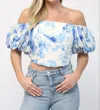 Fate Flora Puff Sleeve Top In Blue/cream In Multi