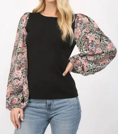 Fate Floral Balloon Sleeve Round Neck Sweater In Black Multi