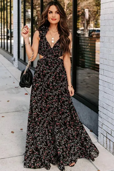 Fate Floral Cutout Ruffle Strap Maxi Dress In Black Multi
