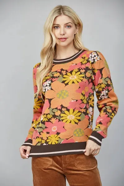 Fate Floral Jacquard Knit Puff Sleeve Sweater In Choco Brown Multi