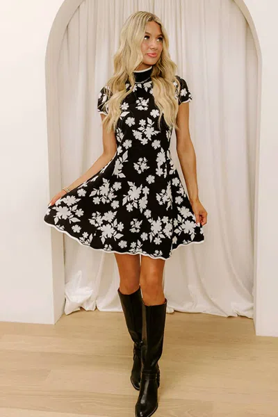Fate Floral Jacquard Knit Scalloped Edge Sweater Dress In Black/white In Multi