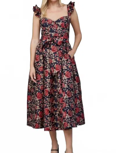 Fate Floral Jacquard Ruffled Cap Sleeve Tie Waist Dress In Navy Multi