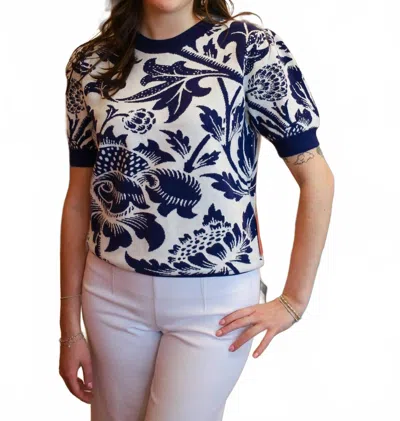 Fate Floral Motif Short Sleeve Sweater In Navy In Blue